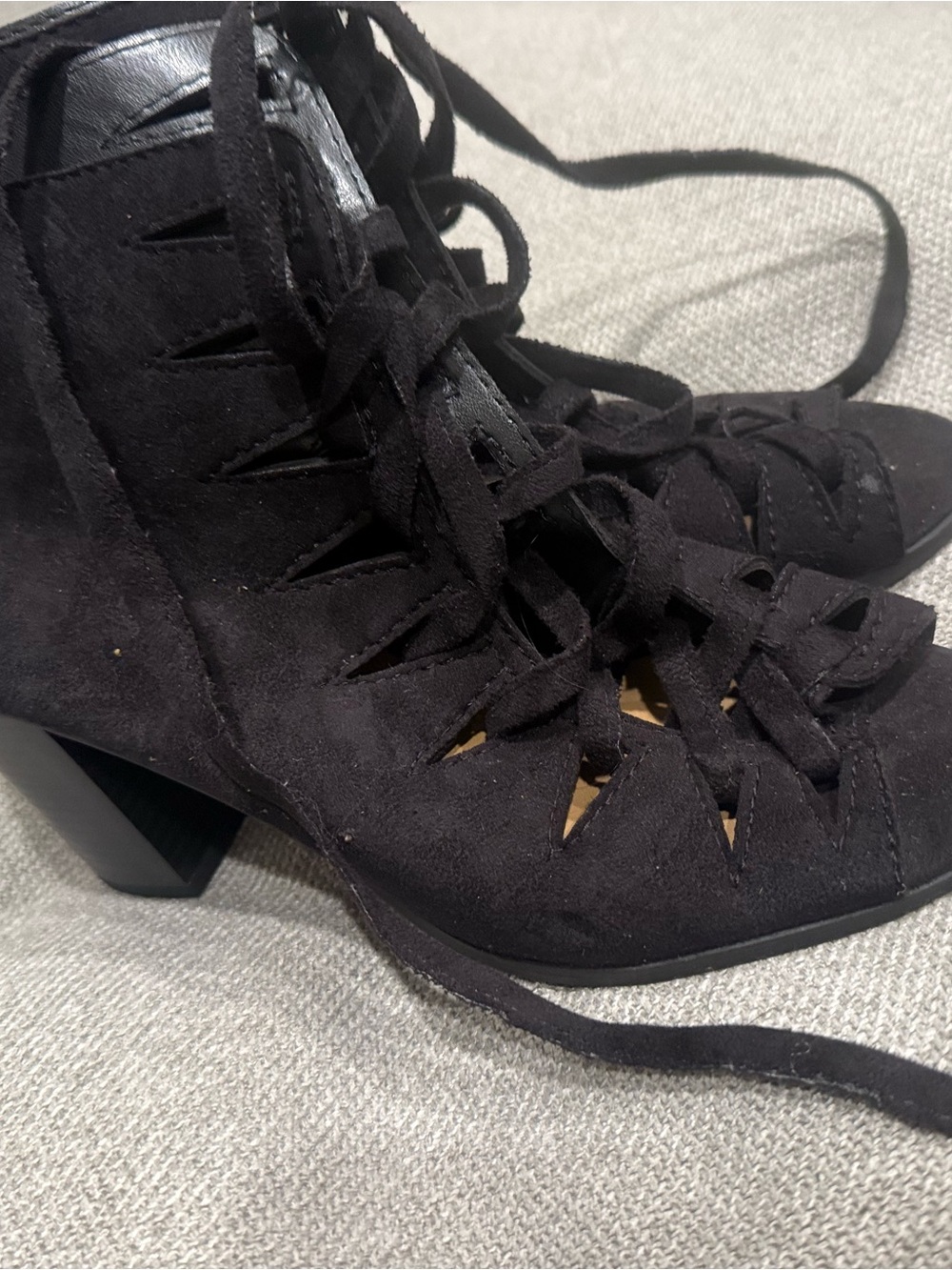 Women's Black Lace-Up Laser Cut High Heel Ankle Boots